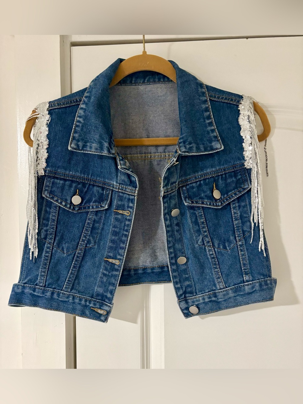 Denim Vest with Silver Sequin Trim